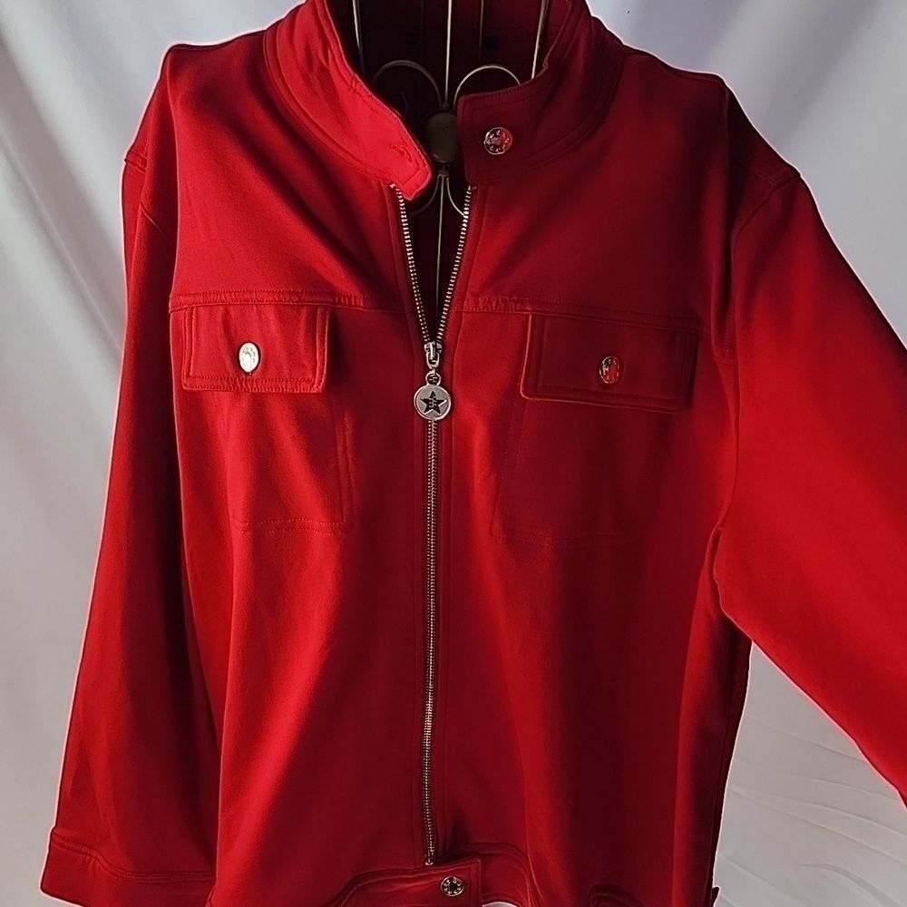 Size XL Holiday Red Jersey Knit Nautical Stars Zip Up Jacket